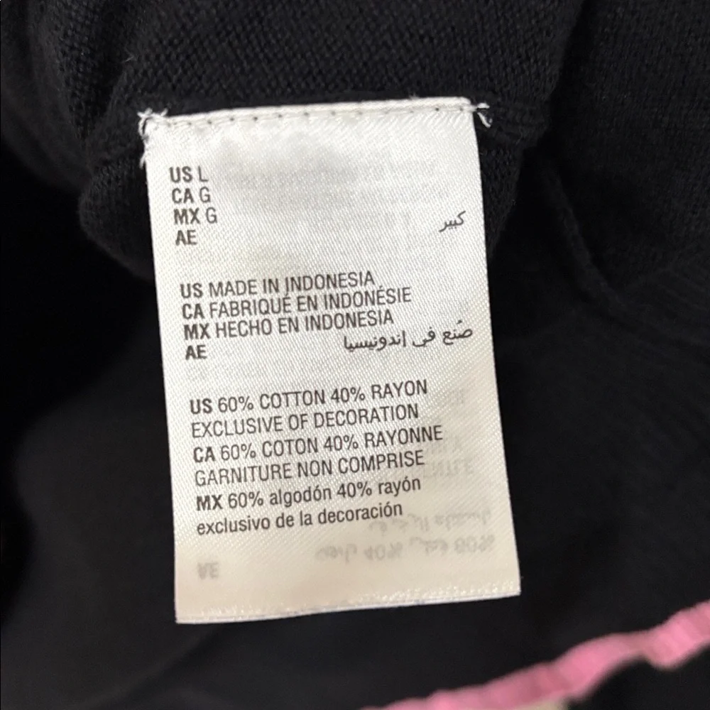 Charter Club Black Cardigan with Pink Embroidered Lip Appliqué Size L
